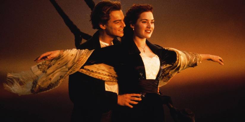 Jack and Rose at the bow of the Titanic and her arms wide.