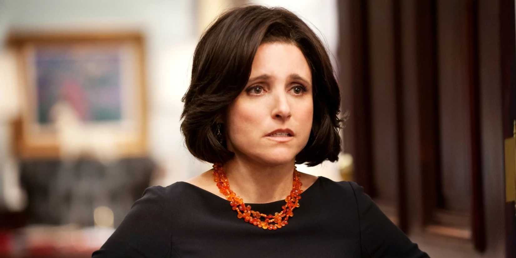 A close-up shot of Julia Louis-Dreyfus looking worried in Veep.