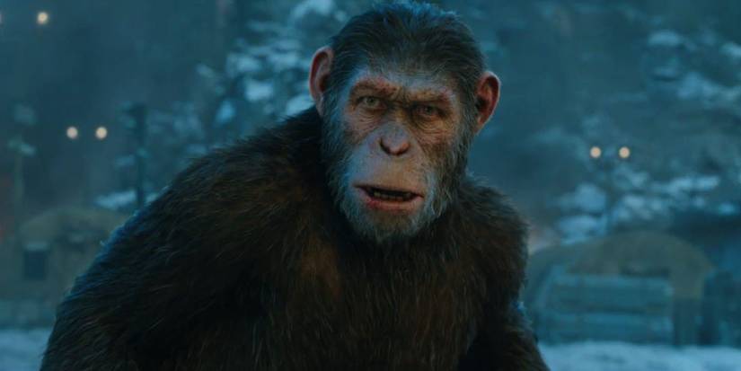 Caesar, played by Andy Serkis, stands with his mouth agape in 'War for the Planet of the Apes'.