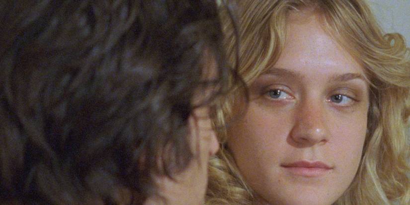 A close-up of Chloe Sevigny looking at Vincent Gallo in the Brown Bunny