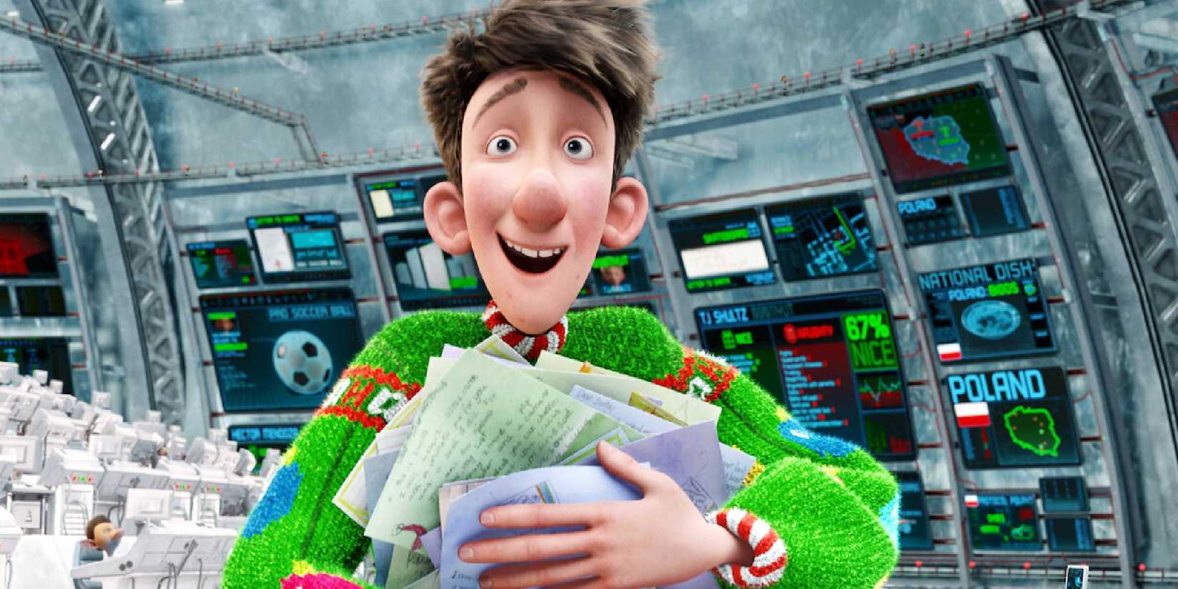 Arthur (voiced by James McAvoy) holding handwritten letters on his hands in Arthur Christmas.