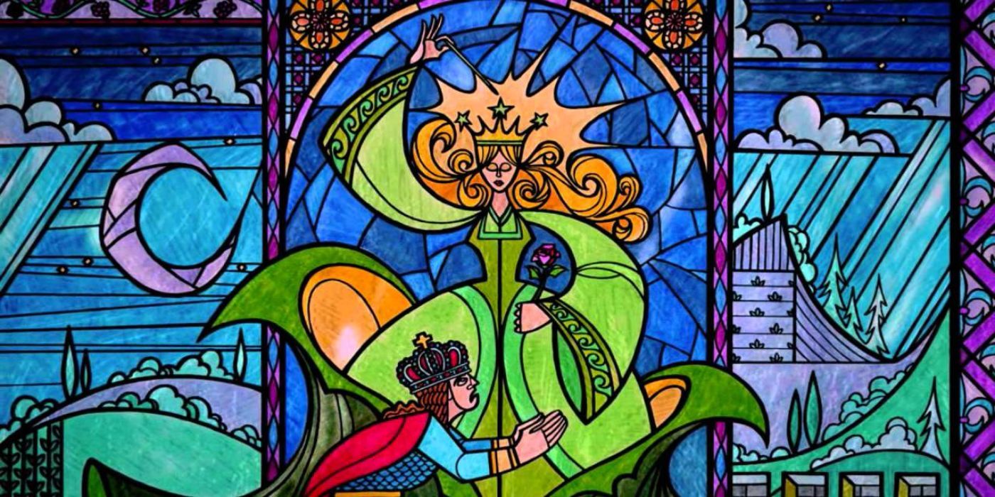The prince pleads to the enchantress, as told by stain glass window, in Beauty and the Beast.