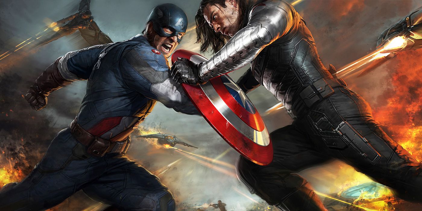 Official publicity art for Captain America: The Winter Soldier with the two characters fighting.