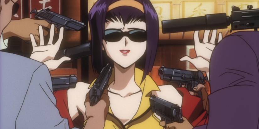 A character holds their hands up as many guns are pointed at them in Cowboy Bebop, Honky Tonk Woman.