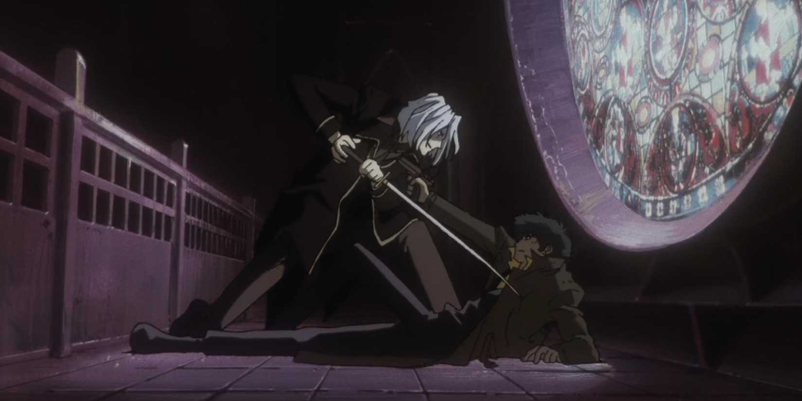 Two men fighting in a church in Cowboy Bebop - Ballad of Fallen Angels - 1998