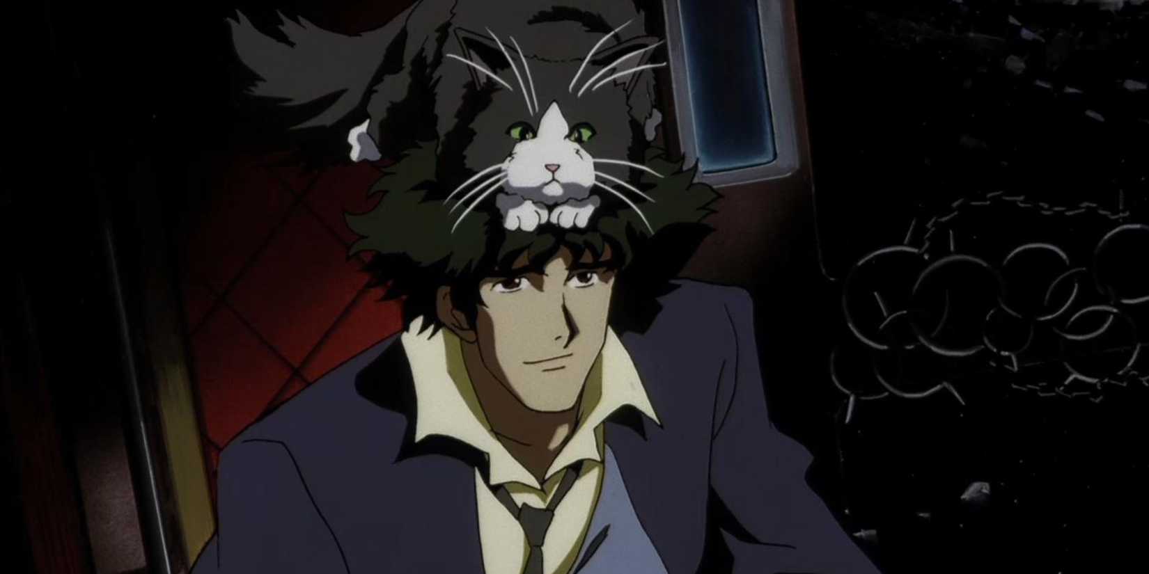 Spike with a cat on his head in Cowboy Bebop - Heavy Metal Queen - 1998