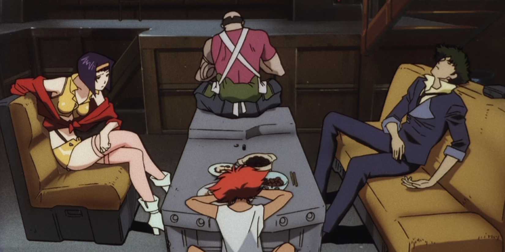 Characters look tired and rest on furniture in Cowboy Bebop.