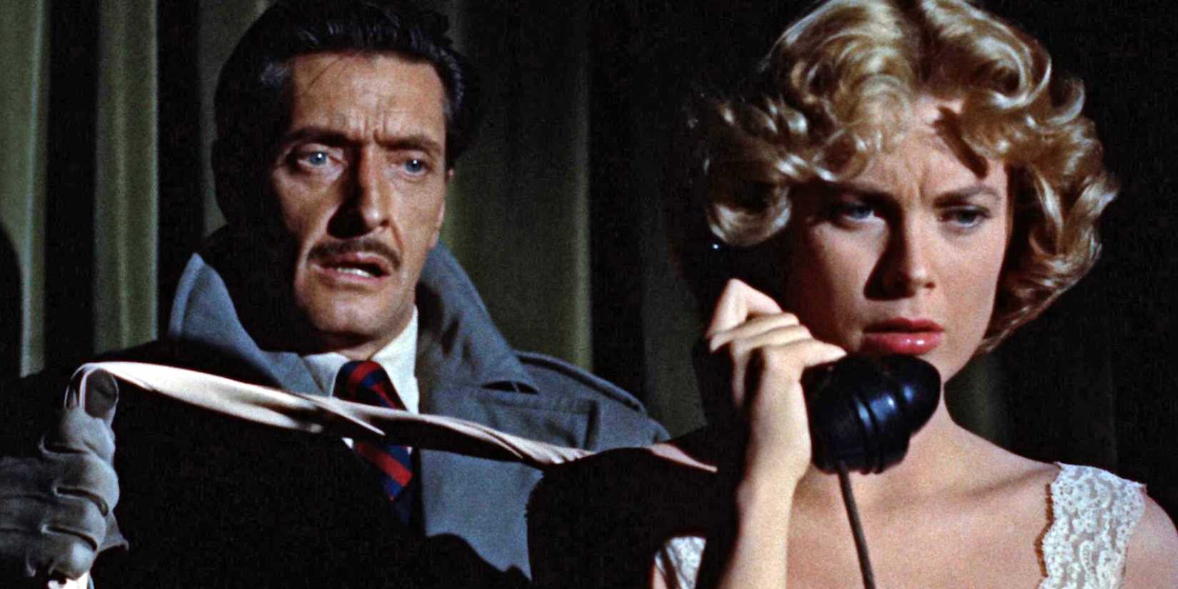 Grace Kelly on the phone with Anthony Dawson standing behind her holding a piece of cloth in Dial M for Murder