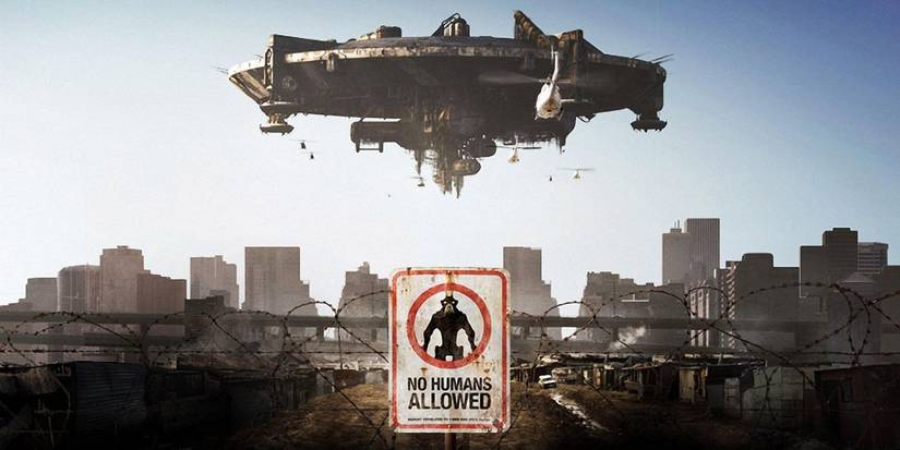 A space ship hovering over a dilapidated area with a barbed fence that has a sign 'no humans allowed'