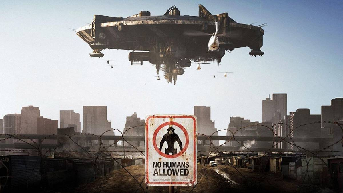 A space ship hovering over a dilapidated area with a barbed fence that has a sign 'no humans allowed'