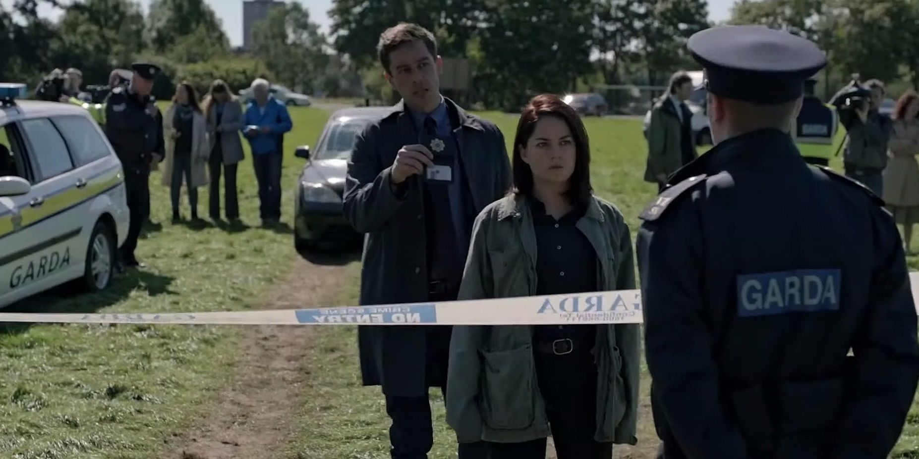 Sarah Greene as Cassie and Killian Scott in a Dublin Murders crime scene