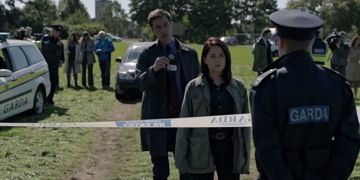 Sarah Greene as Cassie and Killian Scott in a Dublin Murders crime scene
