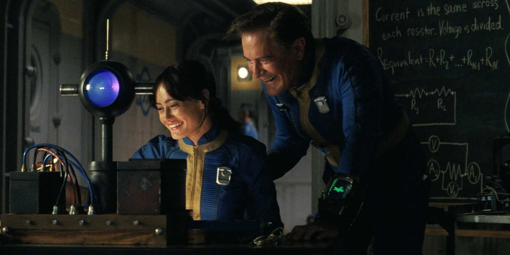 Lucy and Hank in a vault together smiling while working on a science project in Fallout