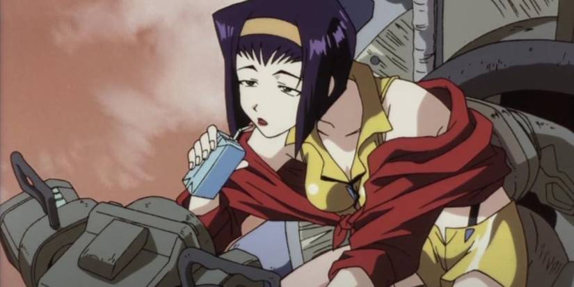 Fay Valentine drinking from a small box and looking bored in Cowboy Bebop
