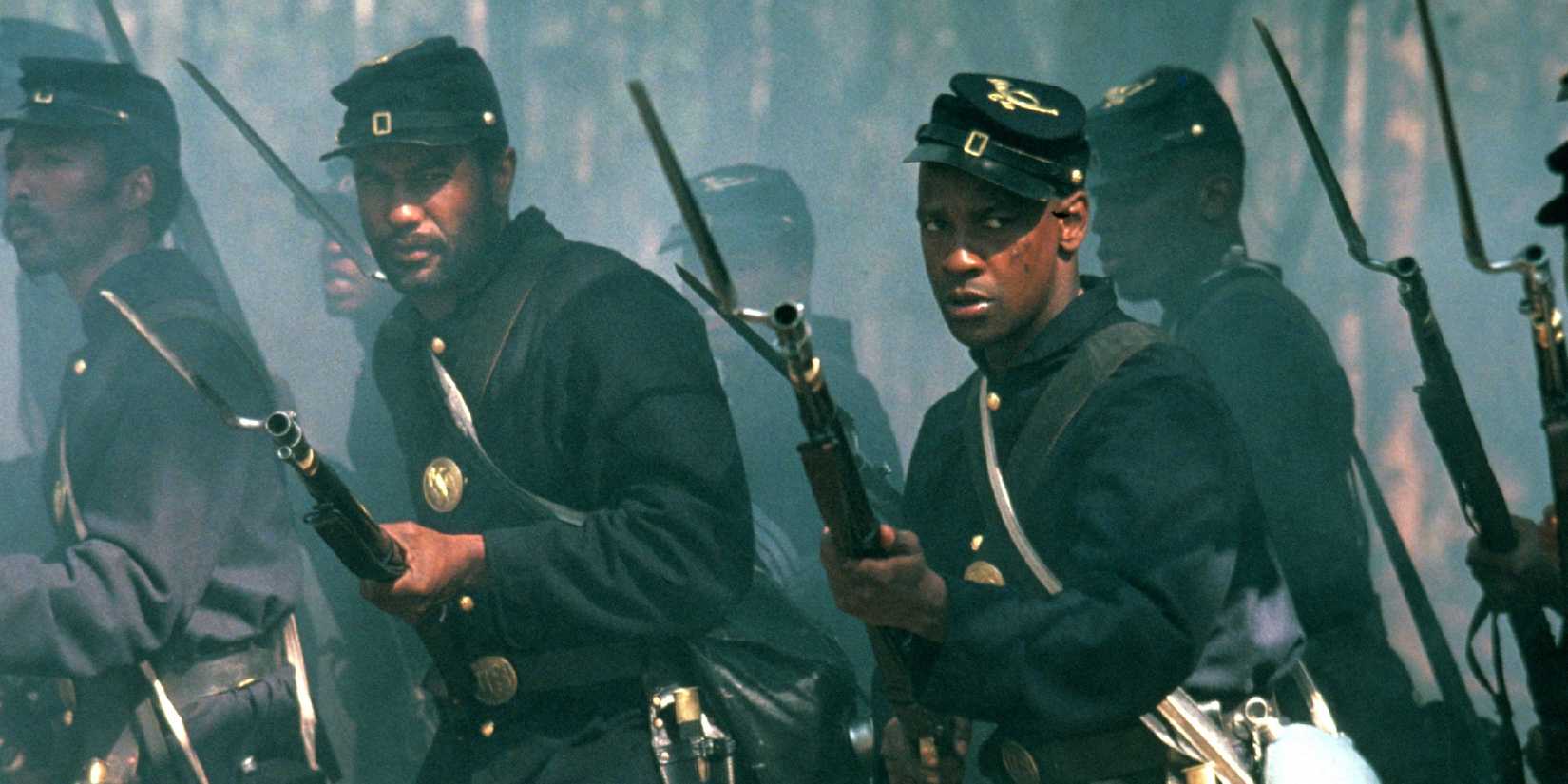 Private Trip (Denzel Washington) fighting as a soldier in 'Glory'.