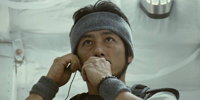 Hiroyuki Sanada talks into a com system aboard a spaceship in 'Sunshine'.
