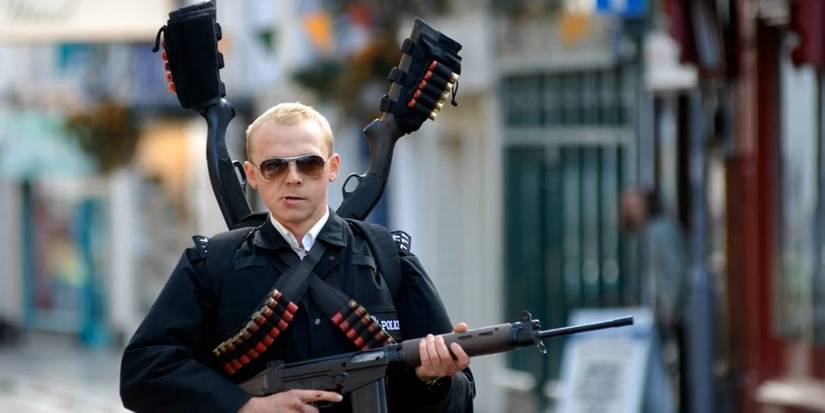 Simon Pegg as Nicholas Angel armed and ready in Hot Fuzz.