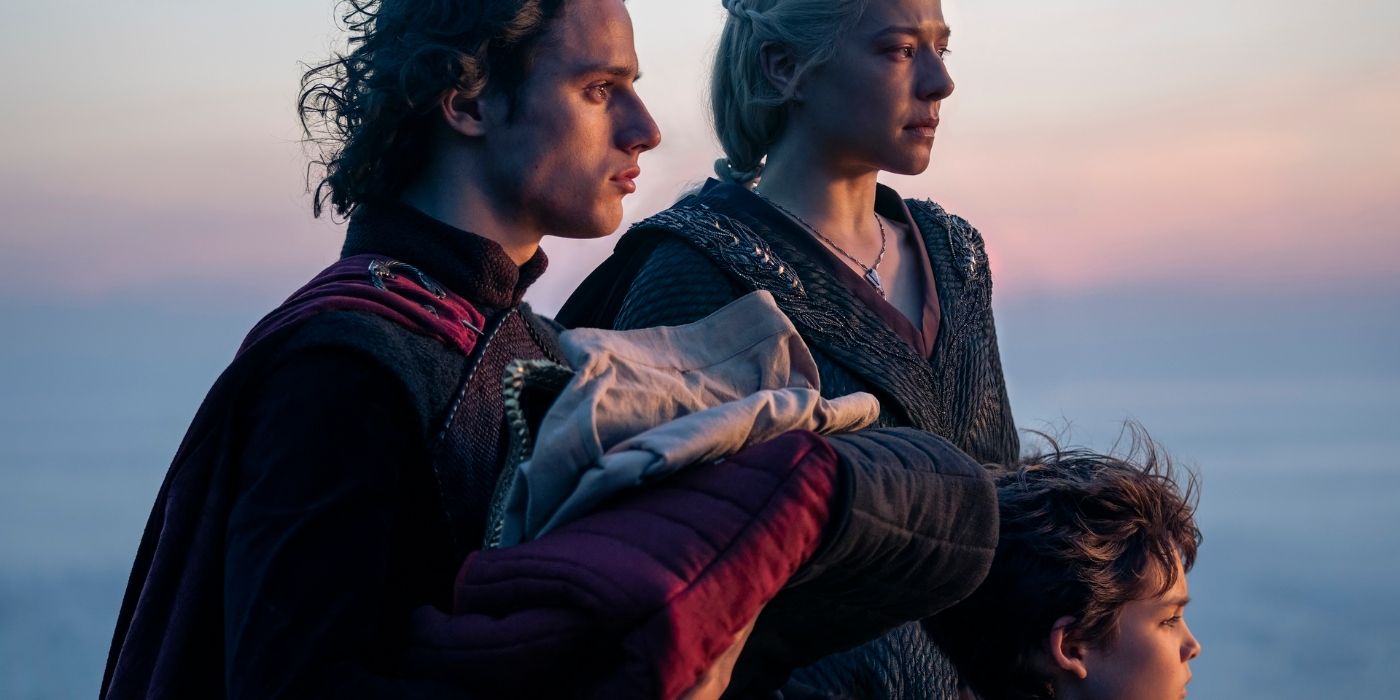 Harry Collett, Emma D'Arcy, and Oscar Eskinazi in House of the Dragon Season 2