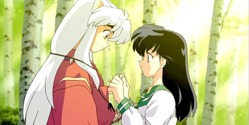 Inuyasha and Kagome holding hands in Inuyasha anime.