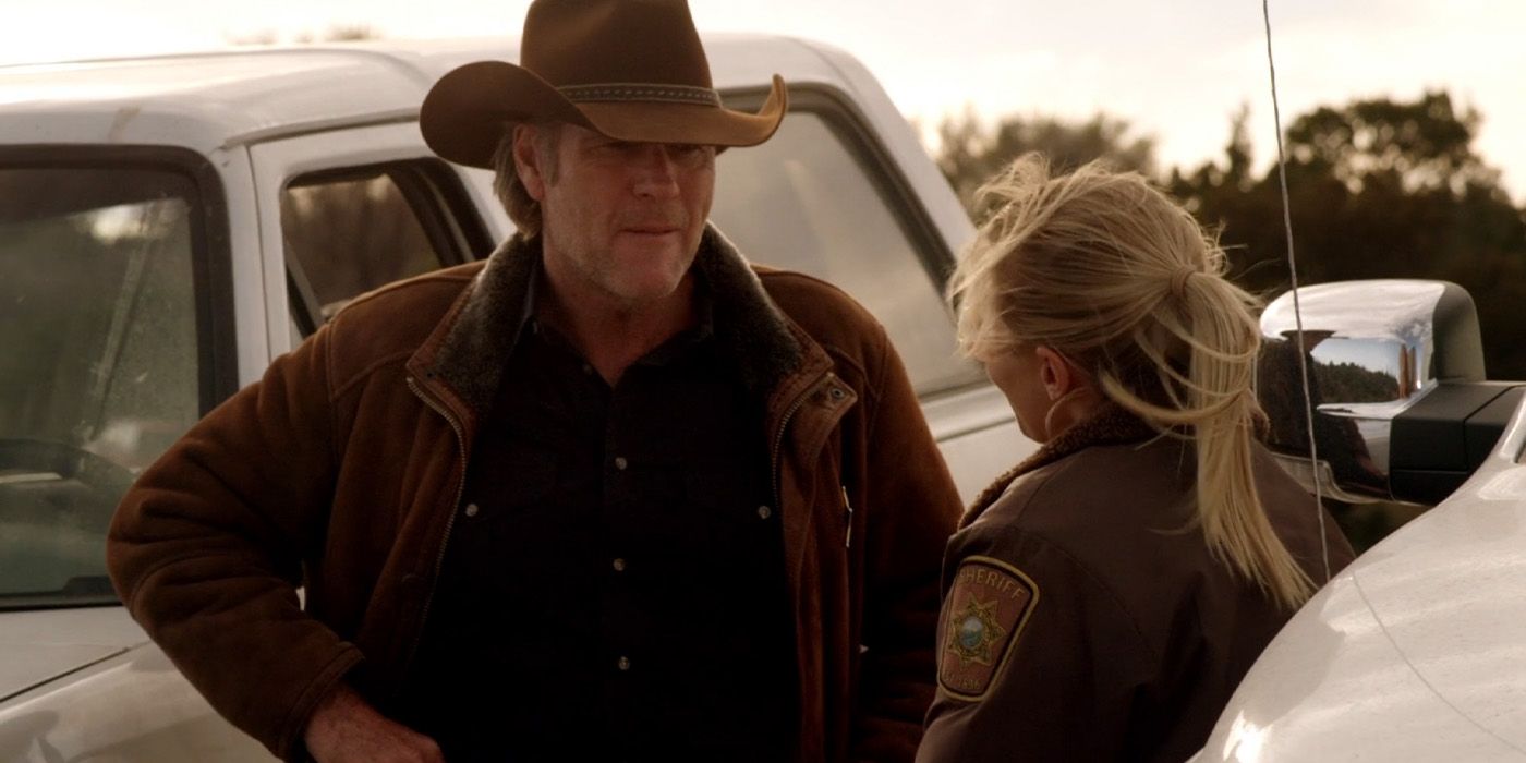Sheriff Walt Longmire (Robert Taylor) meets with Deputy Vic Moretti (Katee Sackhoff) in the 'Longmire' episode "Miss Cheyenne"