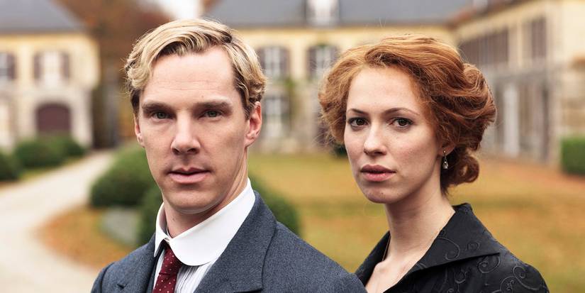 Benedict Cumberbatch and Rebecca Hall as Christopher and Sylvia Tietjens, looking seriously at the camera in Parade's End