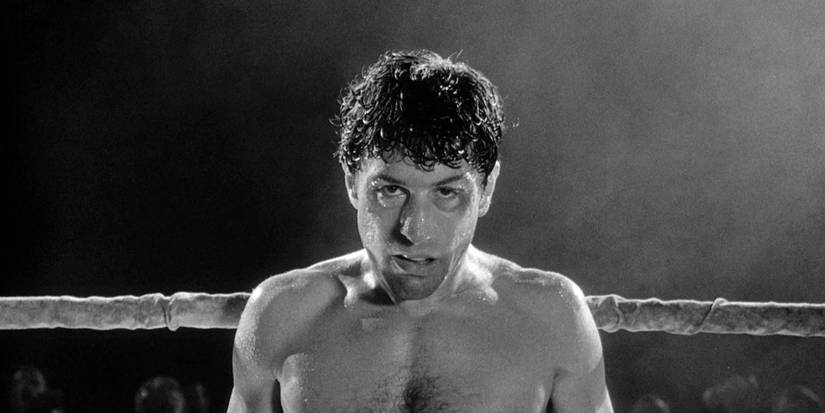 Robert De Niro as Jake LaMotta in the ring, looking directly at the camera in Raging Bull
