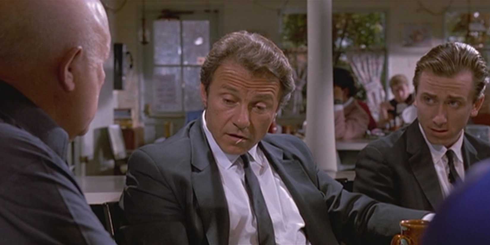 Joe, Mr. White, and Mr. Orange engaged in conversation during the opening of Reservoir Dogs.