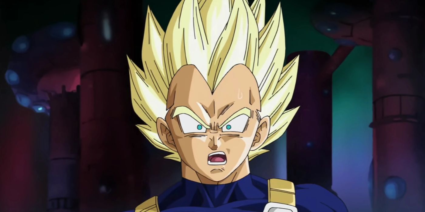 Super Saiyan Vegeta looking at someone surprised in Dragon Ball Super