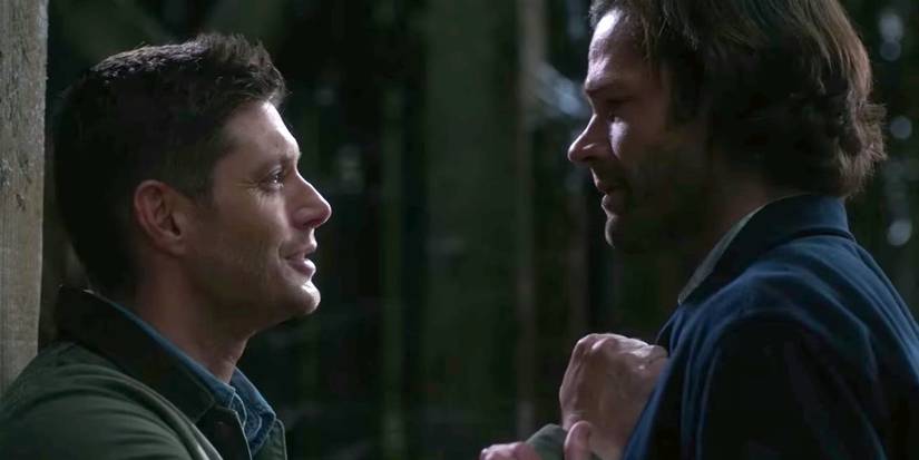 Sam (Jared Padalecki) and Dean (Jensen Ackles) crying as Dean dies in the series finale of Supernatural