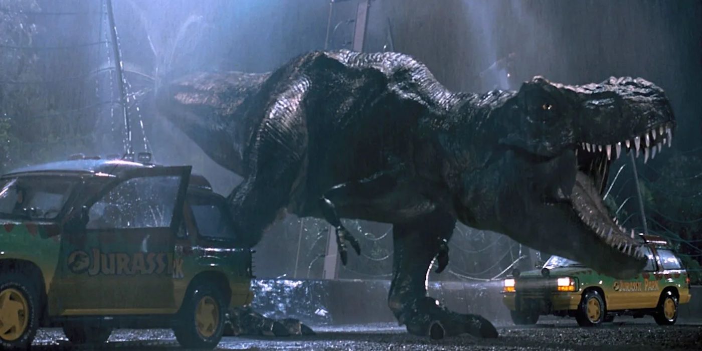 T. rex escapes his pen and roars under the rain in &lsquo;Jurassic Park&rsquo;