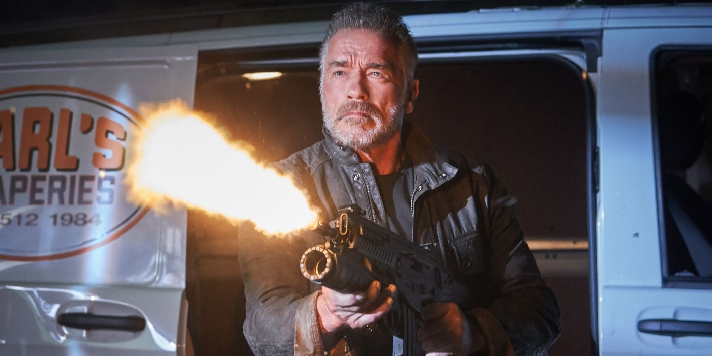 Arnold Schwarzenegger firing a gun in Terminator: Dark Fate 