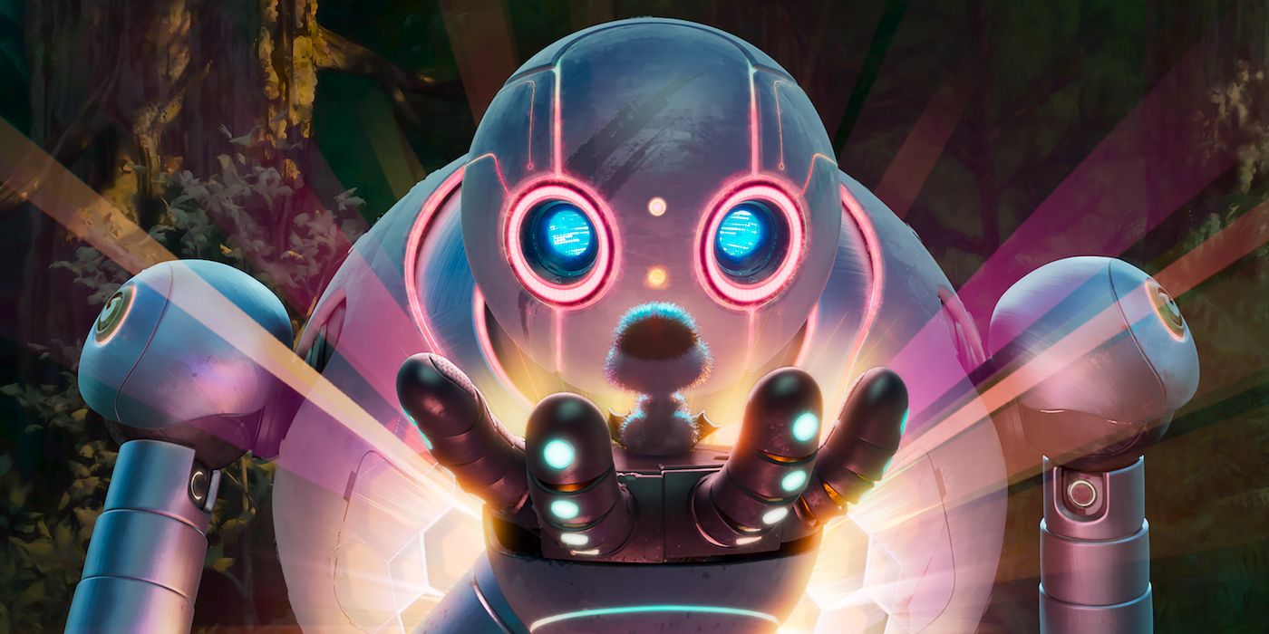 A robot holding a baby goose in the palm of its hand in The Wild Robot 