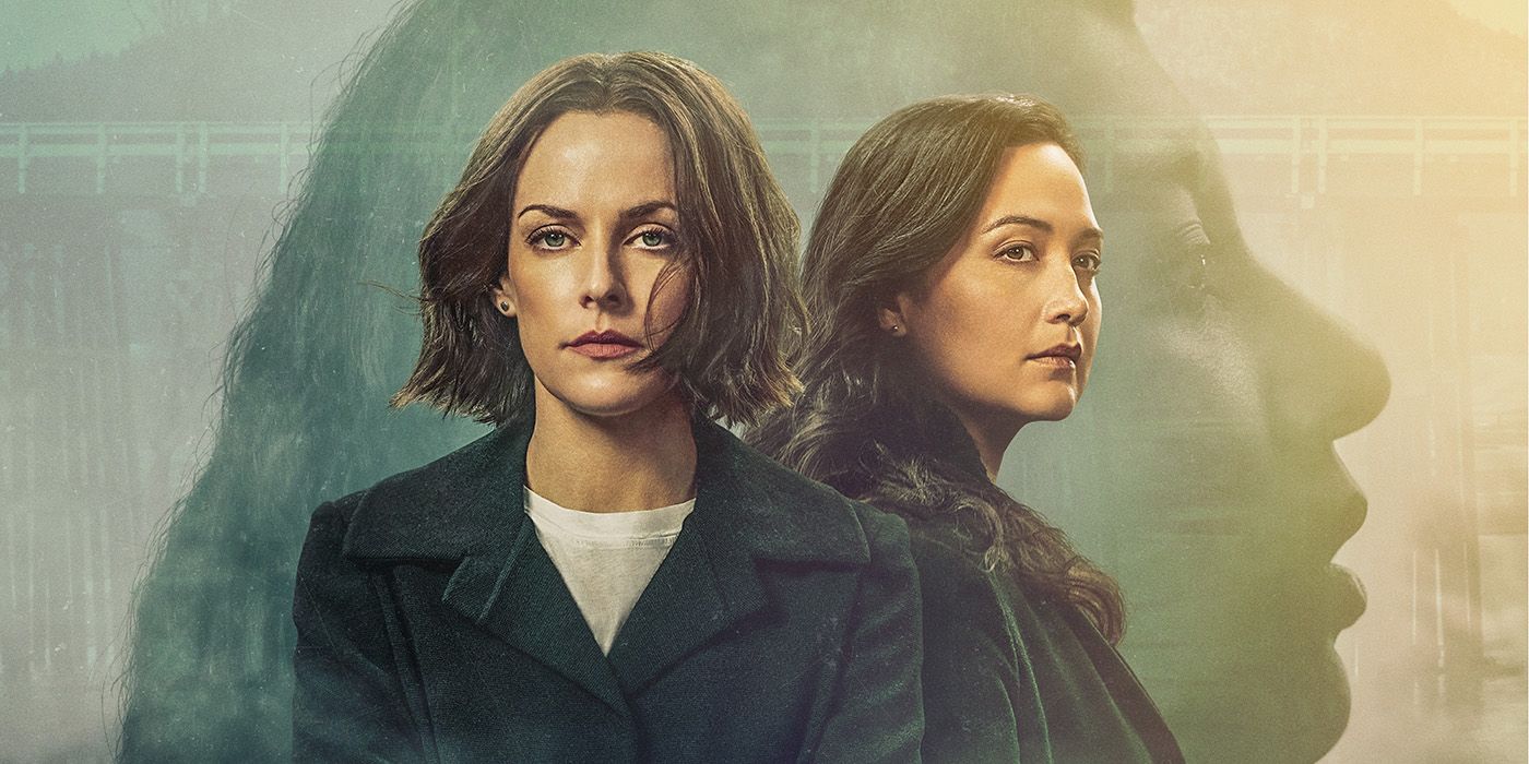 Riley Keough and Lily Gladstone in front of the silhouette of a woman on the poster for Under the Bridge