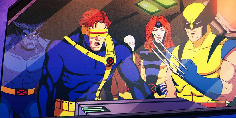 Wolverine, Cyclops, and Jean Grey in X-Men '97 look at a console intently