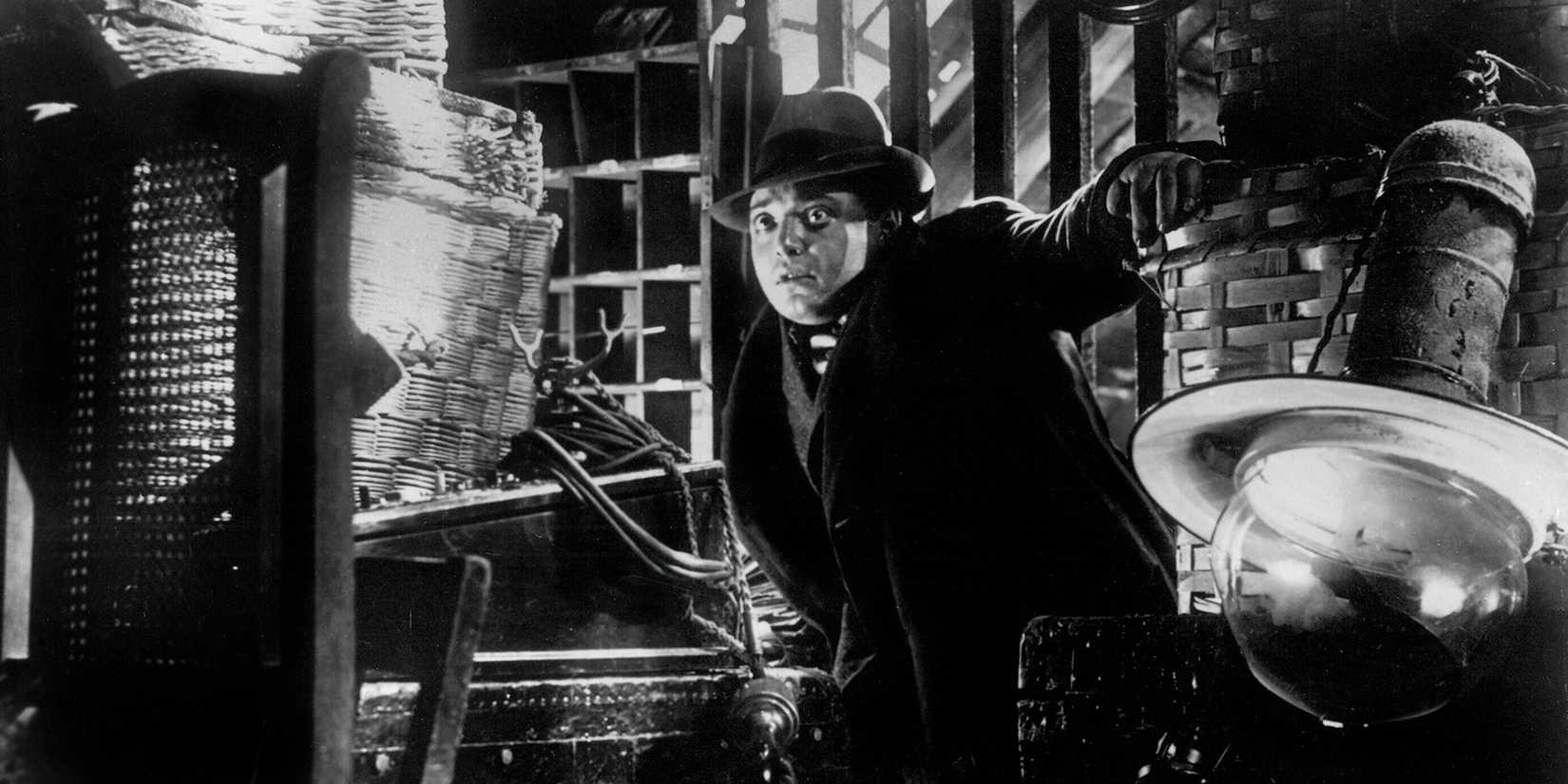 A scared Hans Beckert on the rooftops in 'M' (1931)