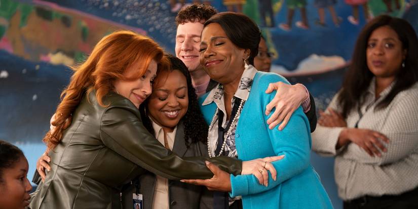 The cast of Abbott Elementary hugging each other in Season 3, Episode 9 during an emotional moment