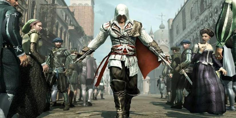 Ezio Auditore from Assassin's Creed 2 walking through a crowded city street