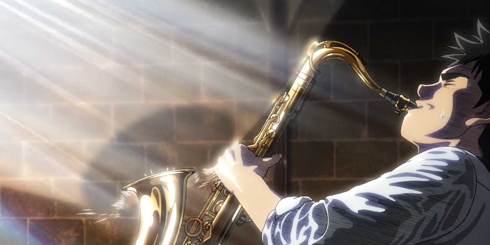 A still from Blue Giant featuring leading band member Dai Miyamoto playing jazz on the saxophone