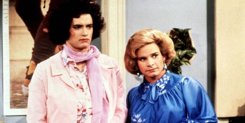 Tom Hanks and Peter Scolari dressed as women in Bosom Buddies.