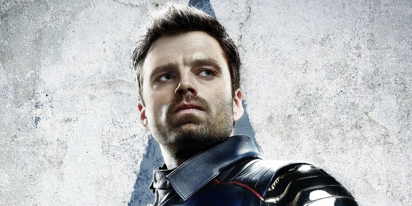 Sebastian Stan as Bucky Barnes looks off camera on a character poster for Falcon and the Winter Soldier.