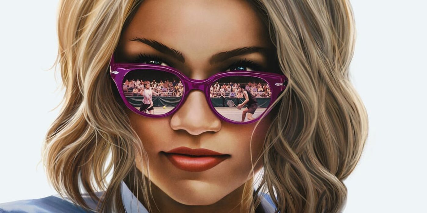 Mike Faist and Josh O'Connor playing tennis against one another in the reflection of Zendaya's sunglasses.