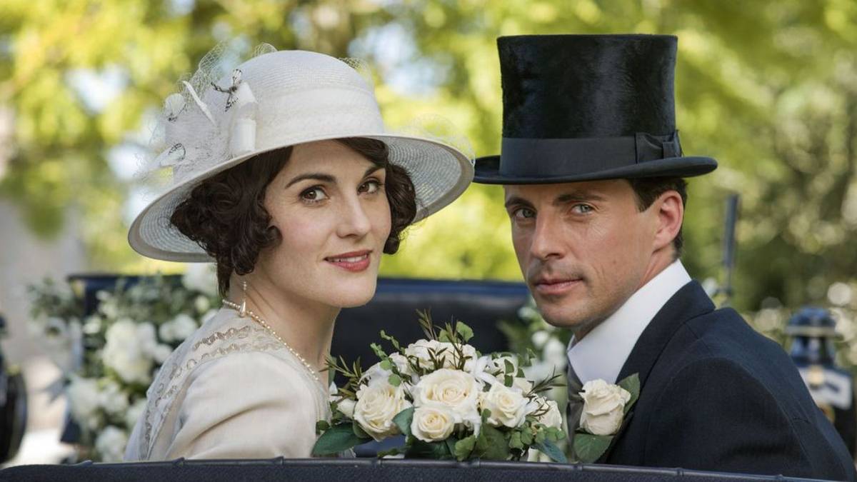Mary, played by Michelle Dockery, sitting with Henry, played by Matthew Goode, after their wedding in 'Downton Abbey.'