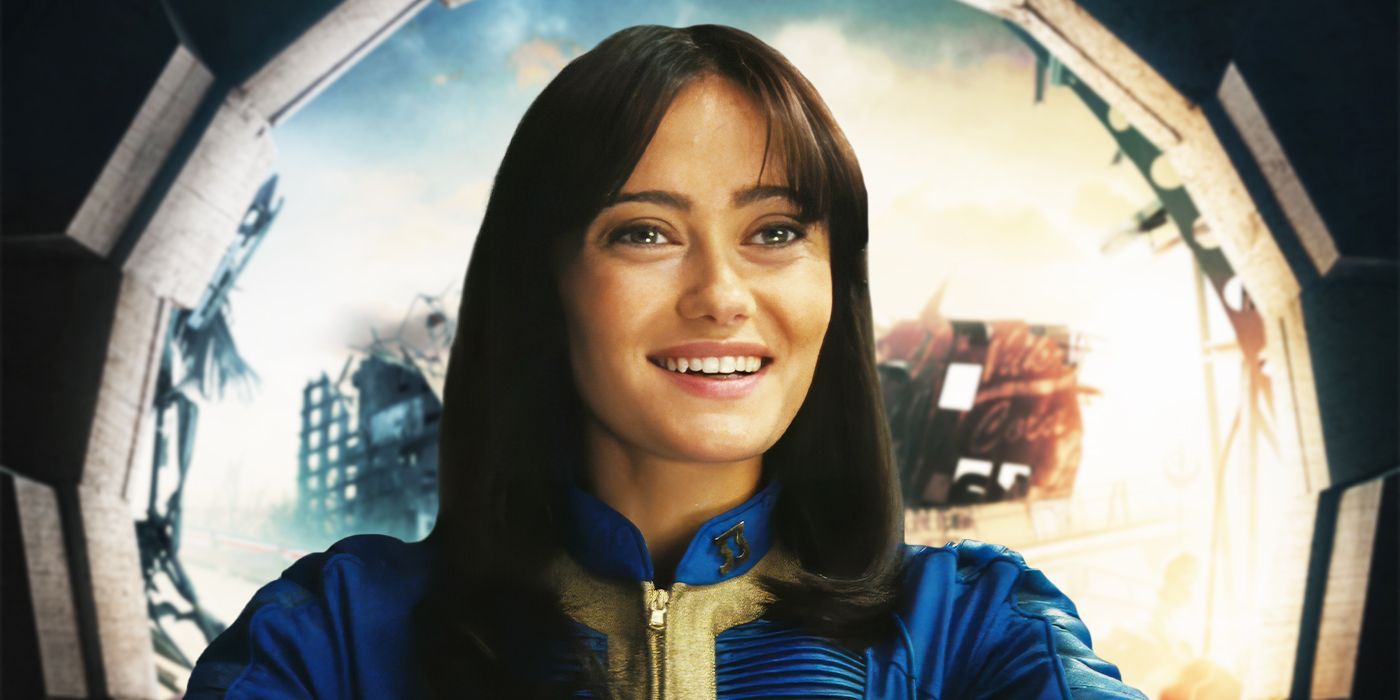 Gambar khusus Ella Purnell saat Lucy tersenyum lebar di Fallout di depan bukaan brankas.