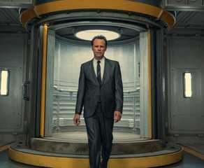 Walton Goggins as Cooper Howard walking down a vault hallway in Prime Video's Fallout