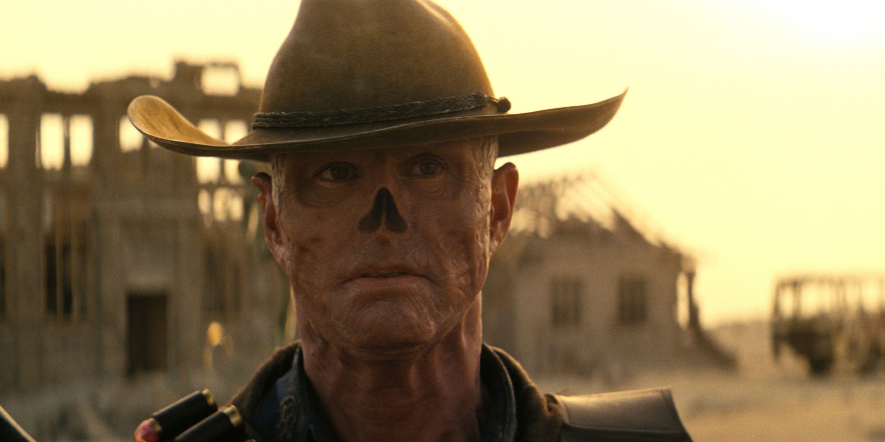 Walton Goggins as The Ghoul walking in the Wasteland in Prime Video's Fallout