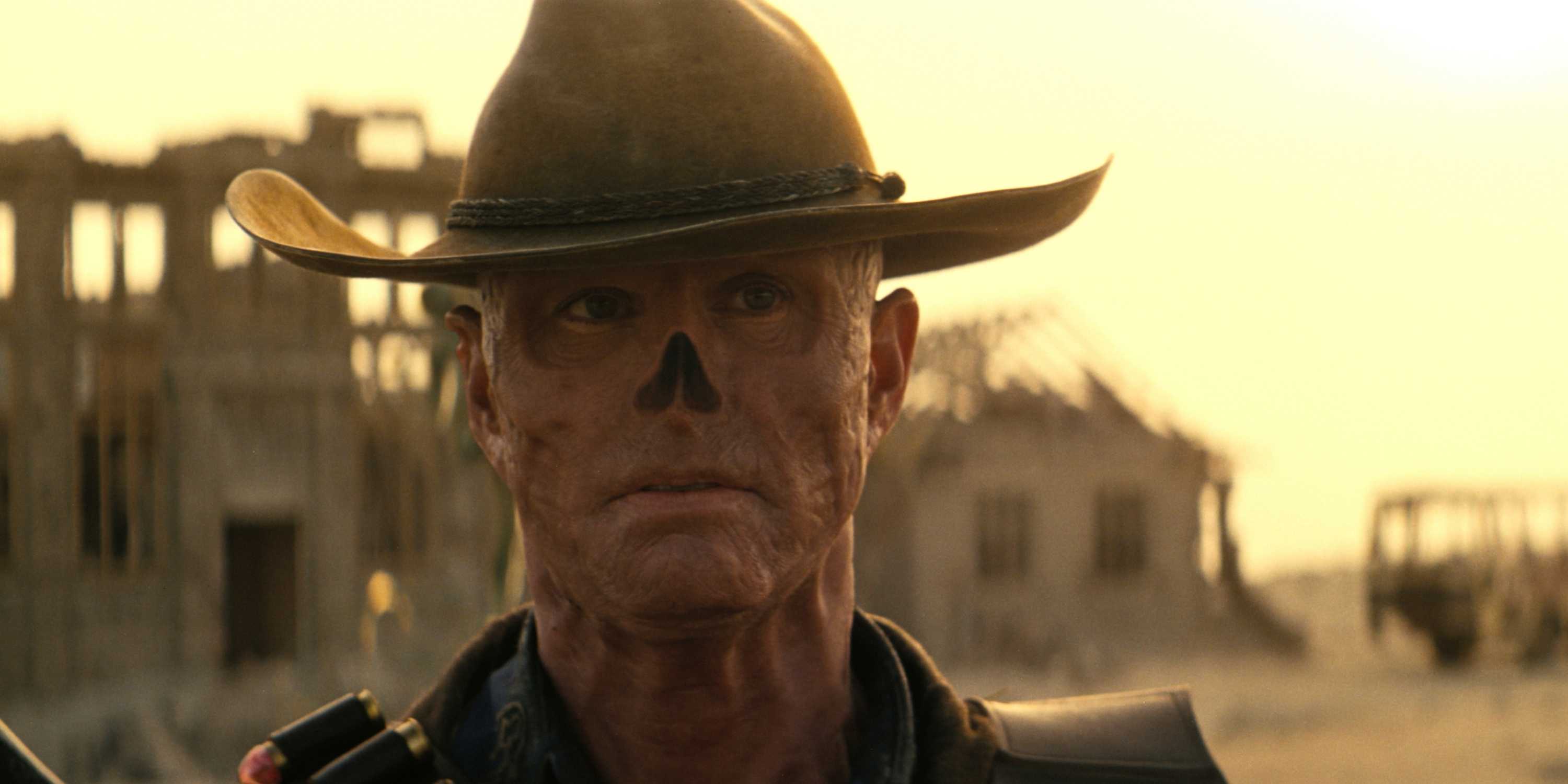 Walton Goggins as The Ghoul walking in the Wasteland in Prime Video's Fallout