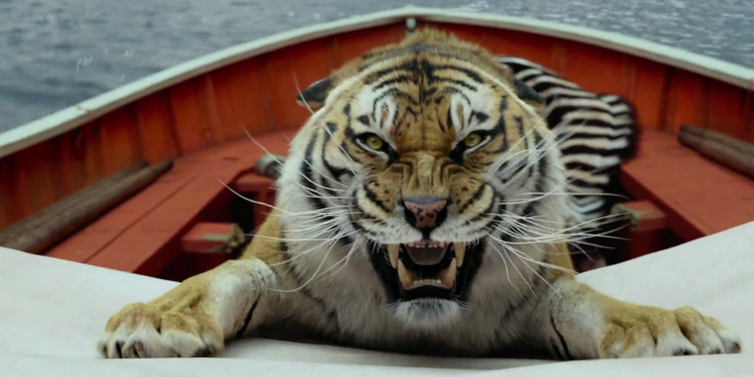 The tiger roaring at the camera in Life of Pi (2012)