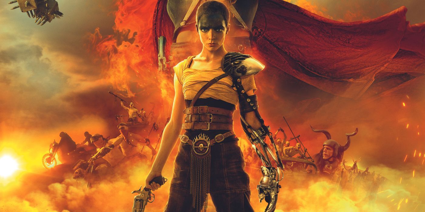 Anya Taylor-Joy poses in front of a gang of warboys in the dusty desert on the poster for Furiosa.