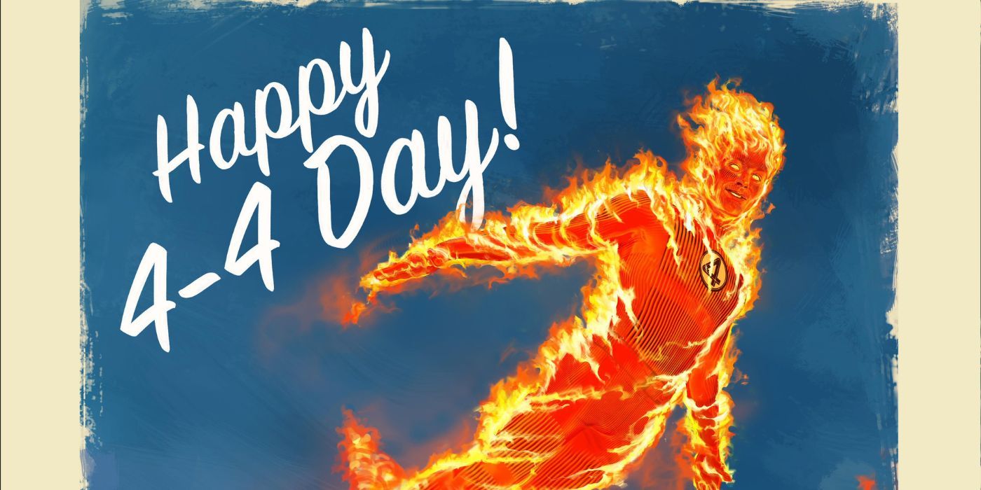 The Human Torch on a poster for The Fantastic Four (2025) celebrating 4-4 day.
