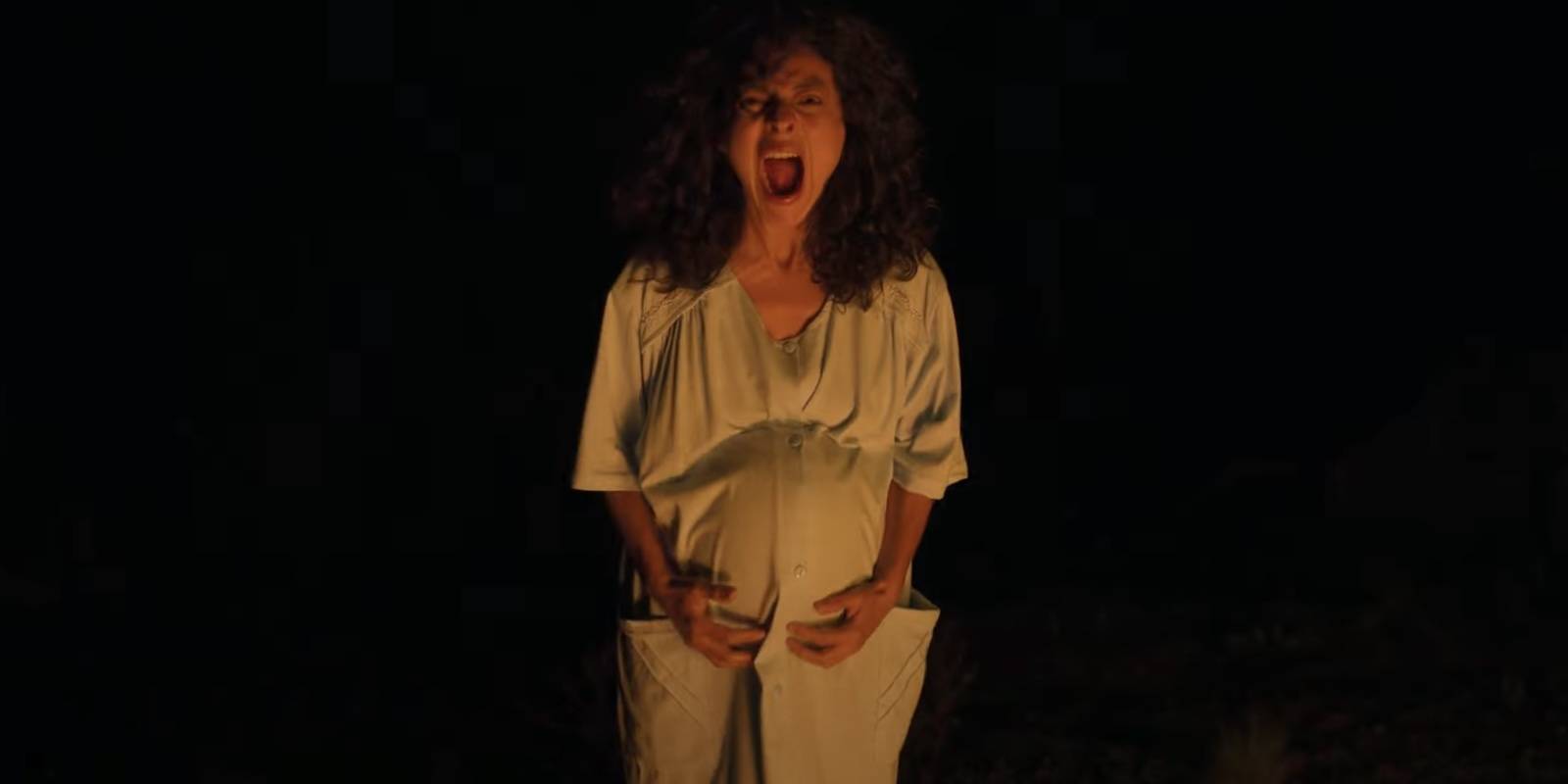 Tete Espinoza as Marce, pregnant, holding her belly and screaming at the camera in Disappear Completely